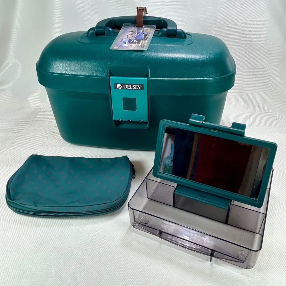 Vtg Delsey Teal Green Cosmetic Makeup Train Vanity Bag HardCase Combination Lock